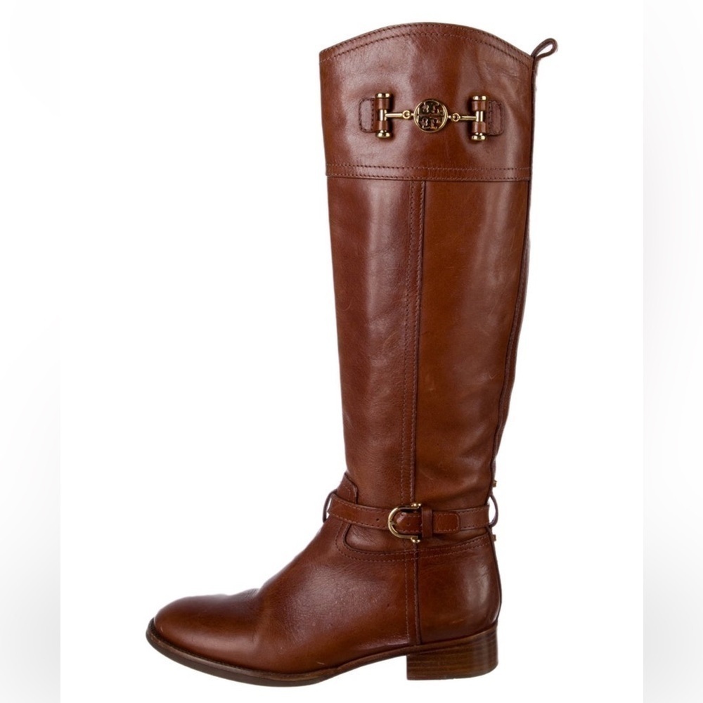 Tory Burch Calista Riding Boots Cognac Brown with Gold Logo 6 1/2M
